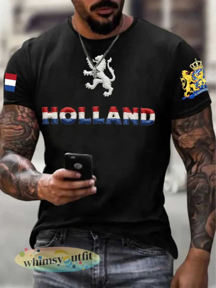 Heren T-shirt voor Koningsdag van katoen met korte mouwen - Zwart / S