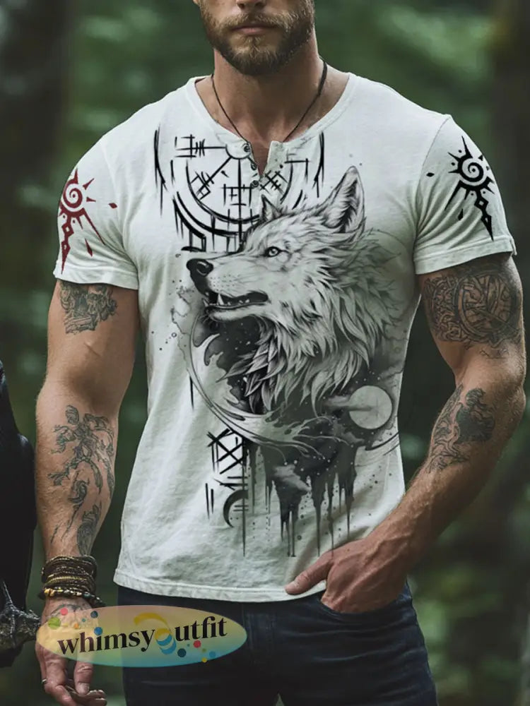 Heren Viking Wolf Totem T-shirt - Wit / S