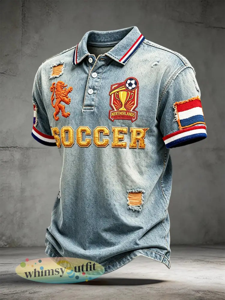 Heren Vintage Denim Nederlands Voetbal Gescheurd Print Casual Mode Poloshirt - Blauw / S
