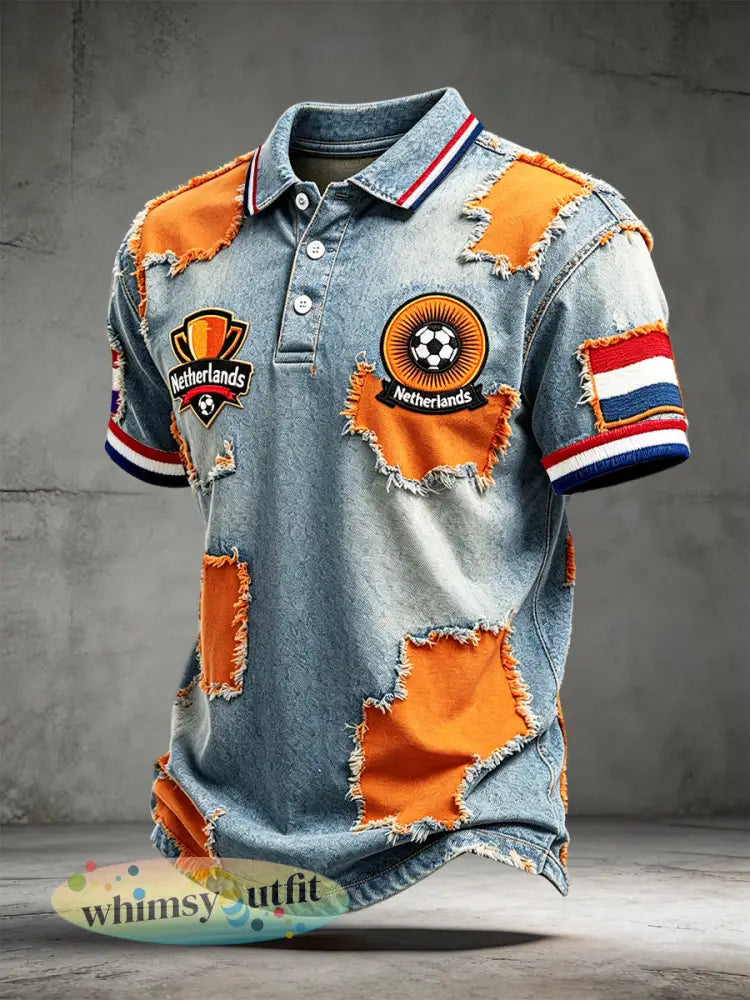 Heren vintage denim Nederlandse voetbal patchworkprint casual mode poloshirt - Blauw / S