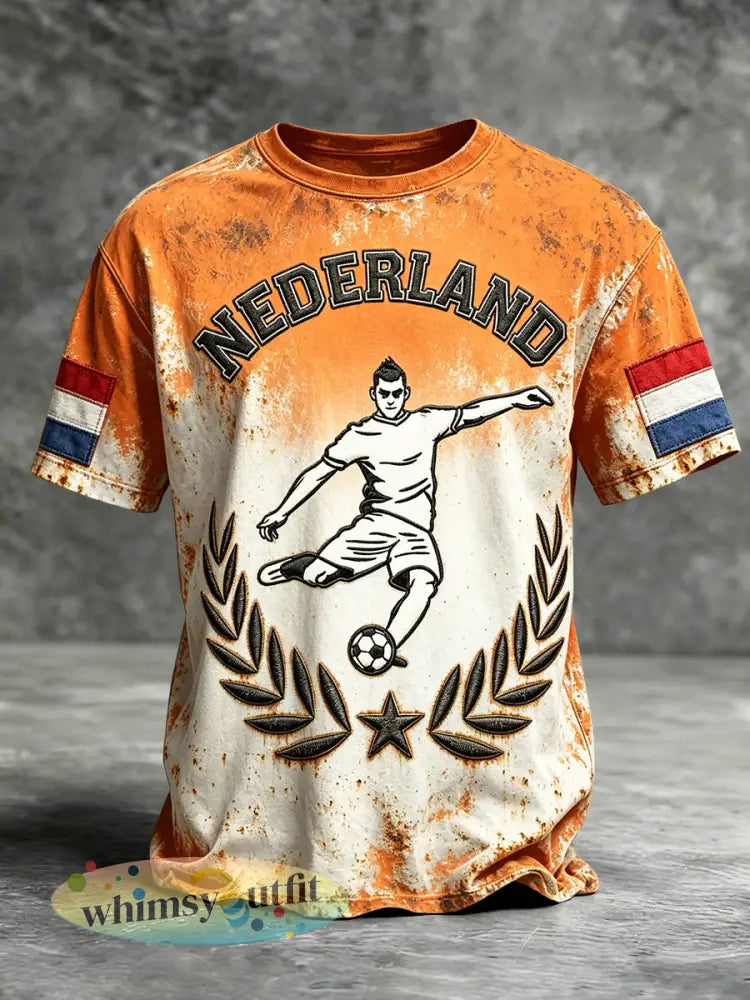 Heren vintage gradiënt Nederlandse voetbalprint casual t-shirt - Oranje wit / S