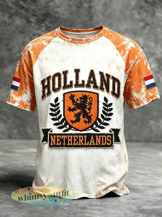 Heren vintage Holland patchworkprint casual t-shirt - Romig-Wit / S