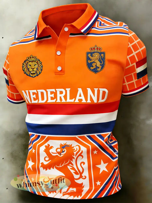Heren vintage ’Koningsdag’-print casual poloshirt - A / S