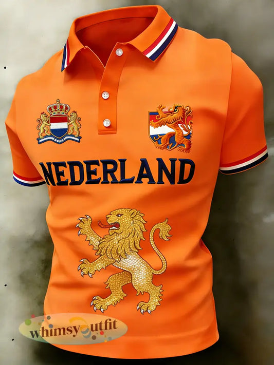 Heren vintage ’Koningsdag’-print casual poloshirt - A / S