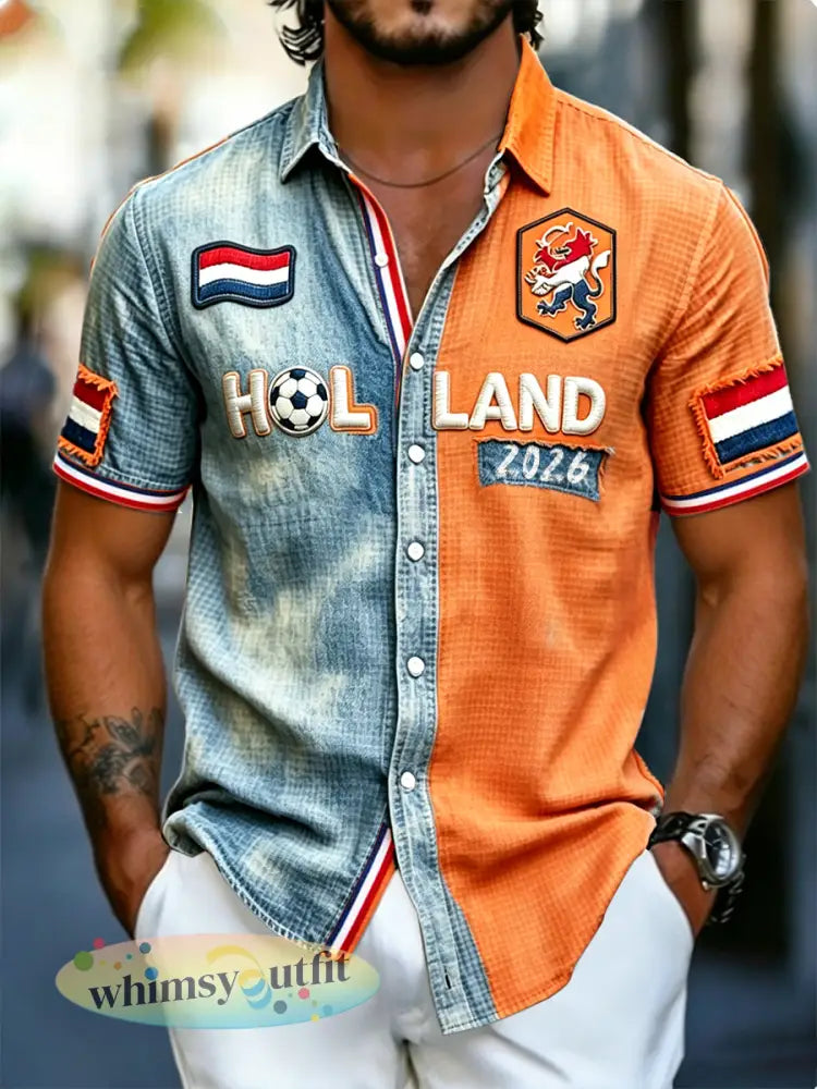 Heren vintage Nederlandse voetbalprint patchwork casual shirt met korte mouwen - Veelkleurig / S