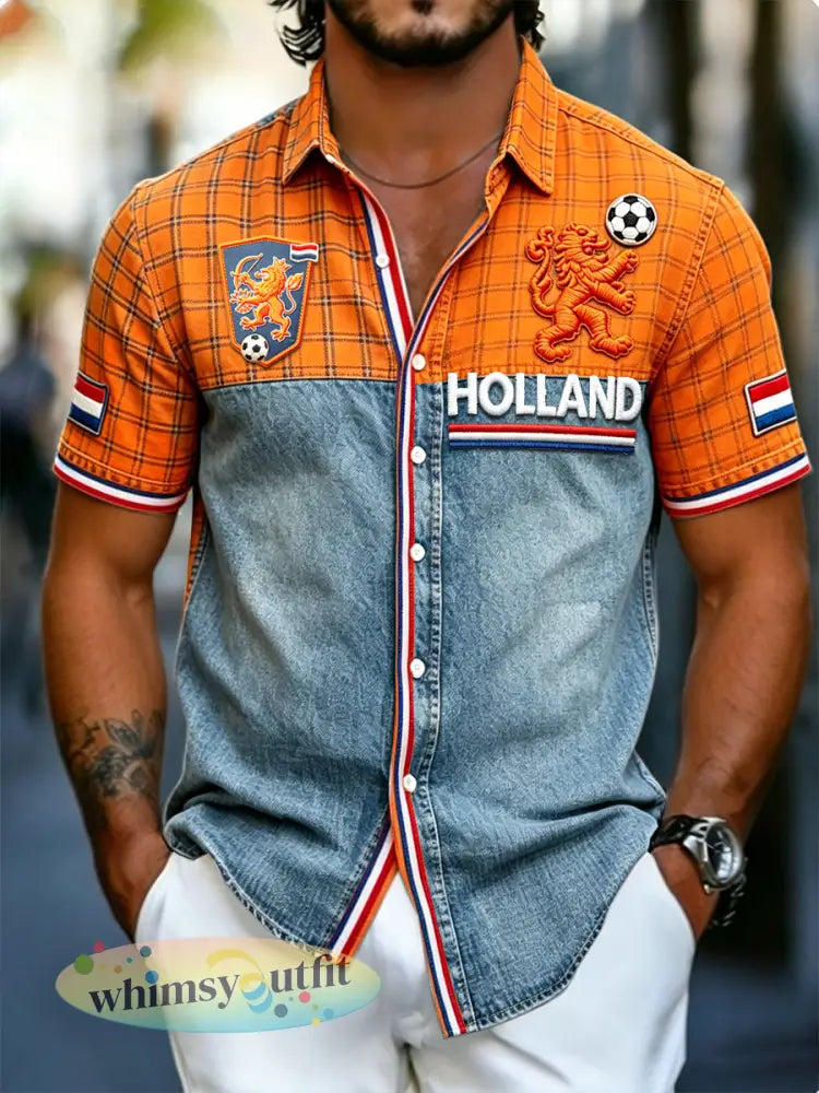 Heren vintage patchwork Nederlandse voetbalprint casual modieus shirt met korte mouwen - Veelkleurig / S
