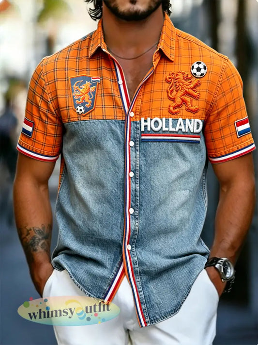 Heren vintage patchwork Nederlandse voetbalprint casual modieus shirt met korte mouwen - Veelkleurig / S