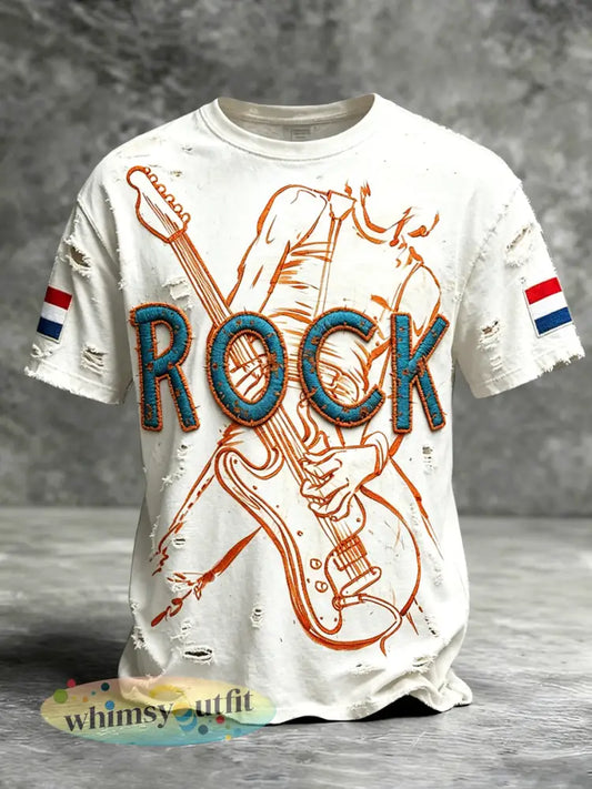 Heren Vintage Wit Nederlands Rockmuziek Versleten Print Casual T-shirt - Wit / S