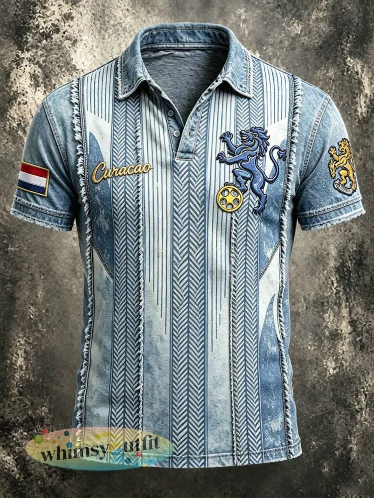 Heren wit Curaçao-voetbal casual T-shirt met 3D-print - Blauw / S