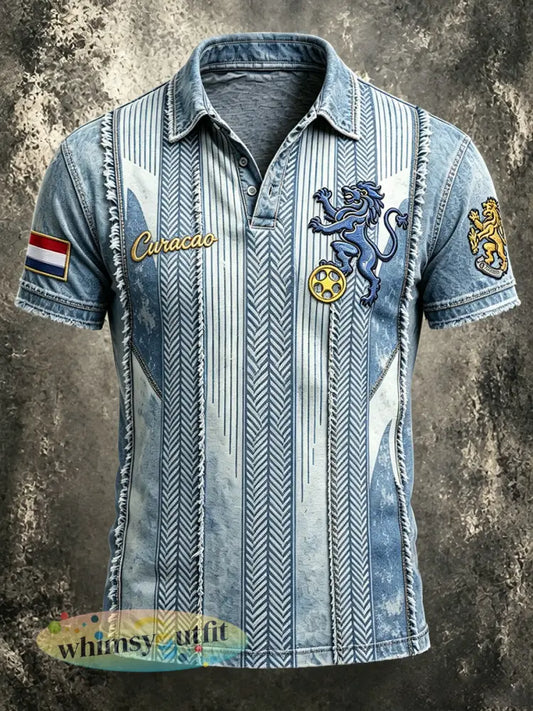 Heren wit Curaçao-voetbal casual T-shirt met 3D-print - Blauw / S