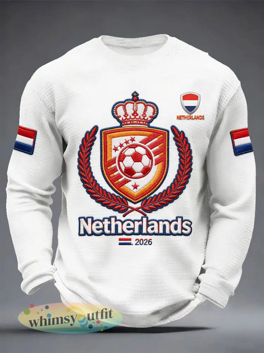 Heren wit Nederlands voetbalprint casual t-shirt met lange mouwen en wafelweefsel - Wit / S