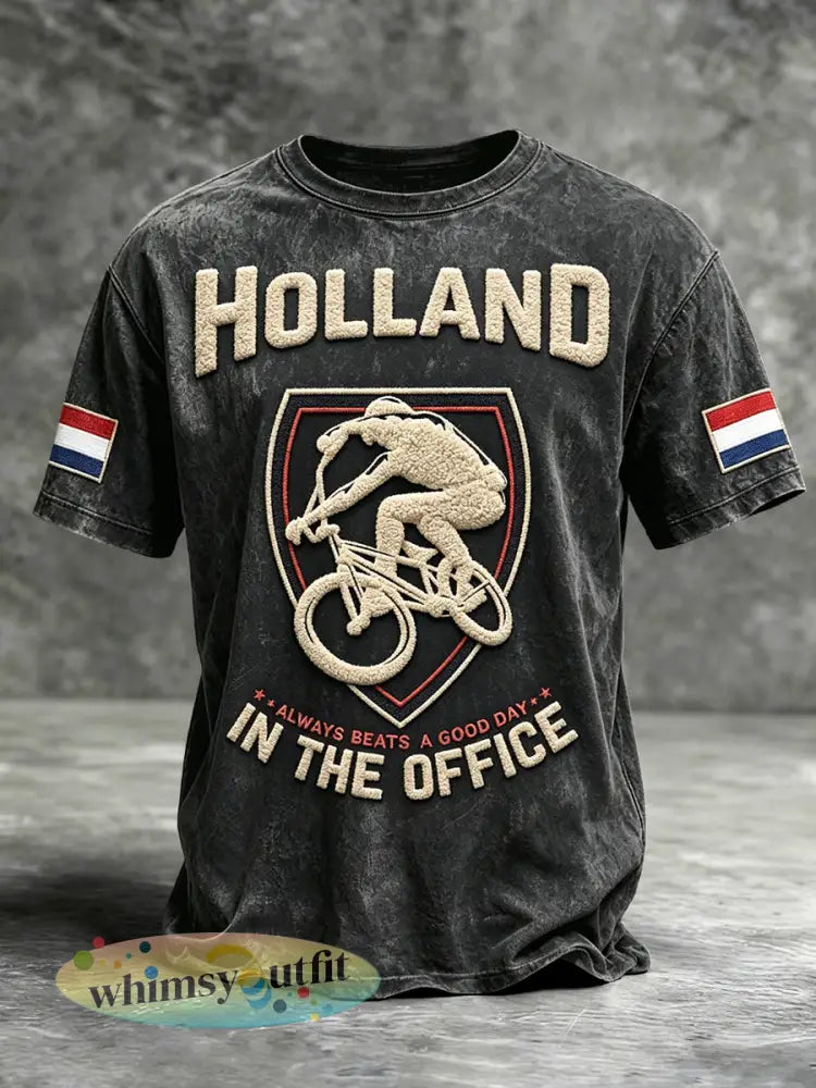 Heren zwart Nederlands fietsprint casual T-shirt - Zwart / S