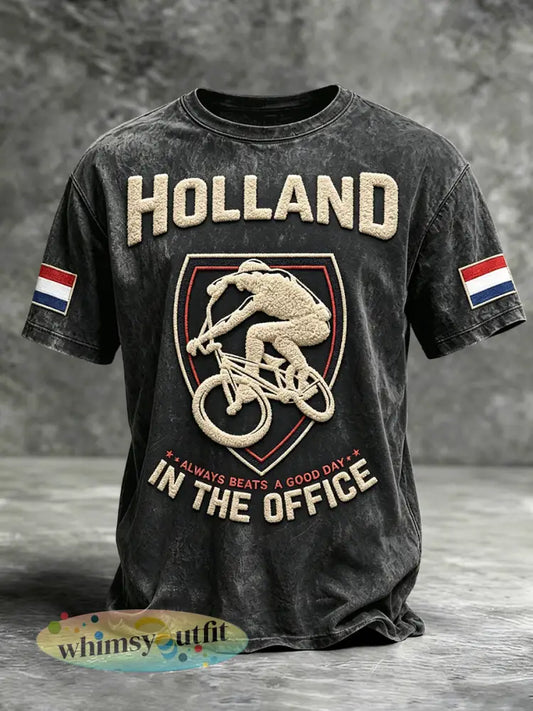 Heren zwart Nederlands fietsprint casual T-shirt - Zwart / S