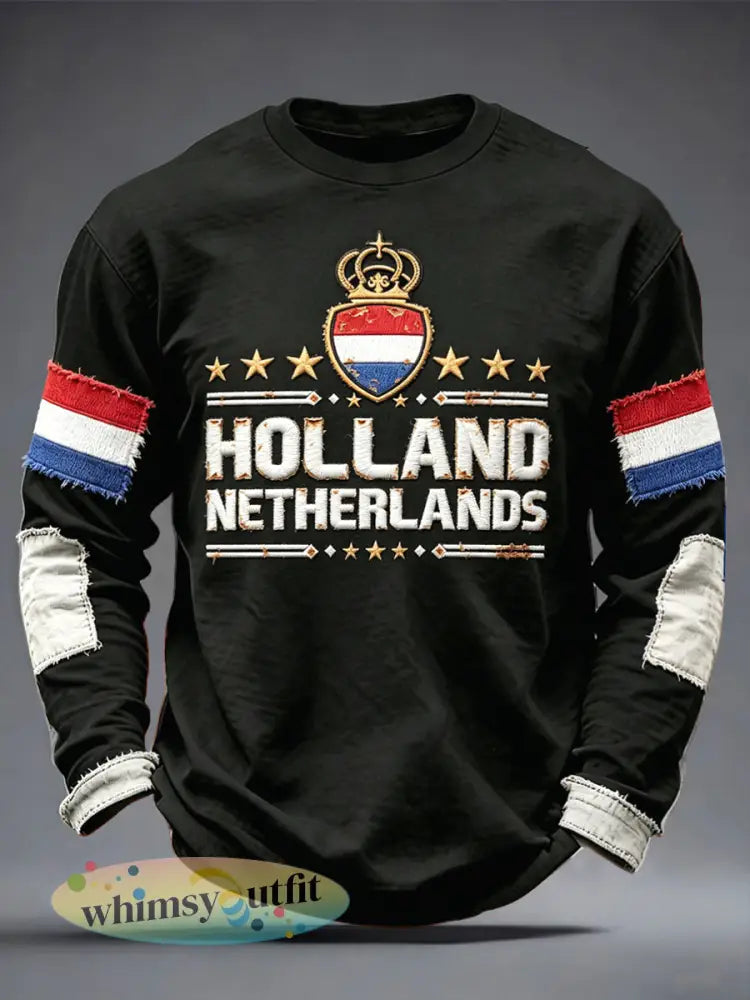 Heren zwart Nederlands Vlag Patchwork Print Casual T-shirt met lange mouwen - Zwart / S