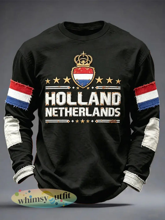 Heren zwart Nederlands Vlag Patchwork Print Casual T-shirt met lange mouwen - Zwart / S