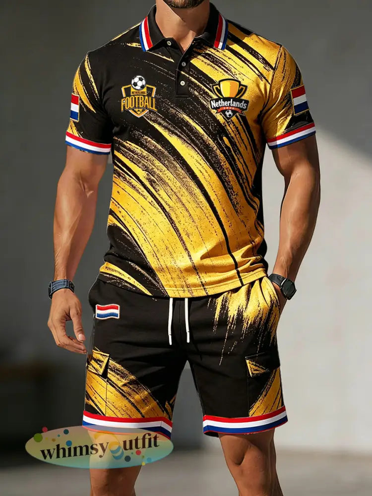 Heren zwart Nederlands voetbal graffiti print casual sport poloshirt en korte broek set - Zwart / S