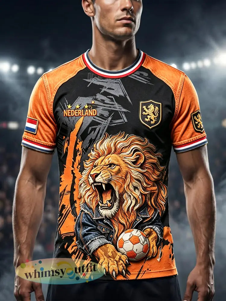 Heren zwart Nederlandse Voetbal Leeuw Patchwork Print Casual T-shirt - Zwart / S