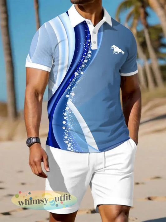 Herenartikel met golfprint casual tweedelig setje - Blauw / S