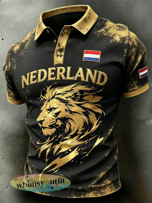 Herenatletisch poloshirt met zwart-goud kleurenschema en leeuwenprint - A / S