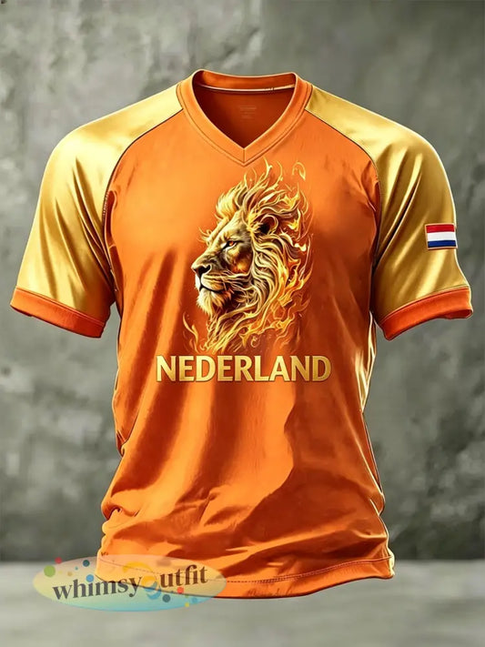 Herenatletische raglantrui met V-hals en leeuwenmotief - A / S