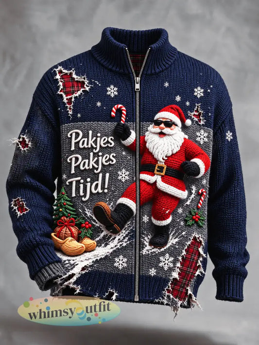 Herenblauwe Nederlandse kerstprint casual jack met ritssluiting - Diep Blauw / S