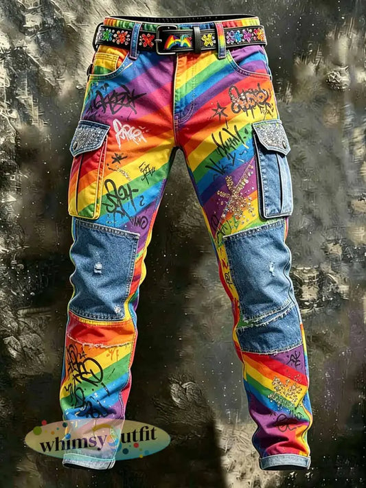 Herenbroek in retrostijl met regenboogpatroon informeel werkbroek - als foto / S