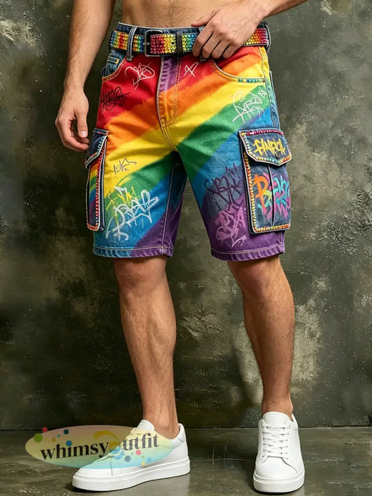 Herenbroek in retrostijl met regenboogpatroon informeel werkbroek - als foto / S