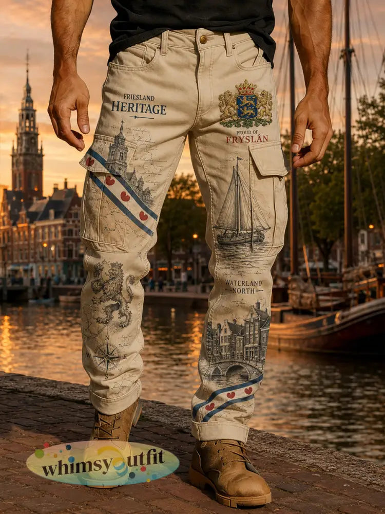Herenbroek met stedelijk herdenkingsmotief en lange cargobroek - A / S