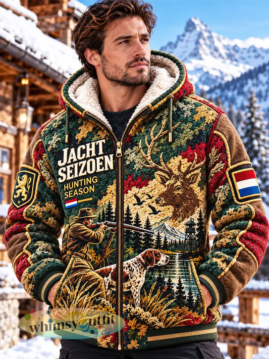 Herencamouflage Nederlandse jachtseizoen hondenprint casual jas met fleecevoering en capuchon - Veelkleurig / S