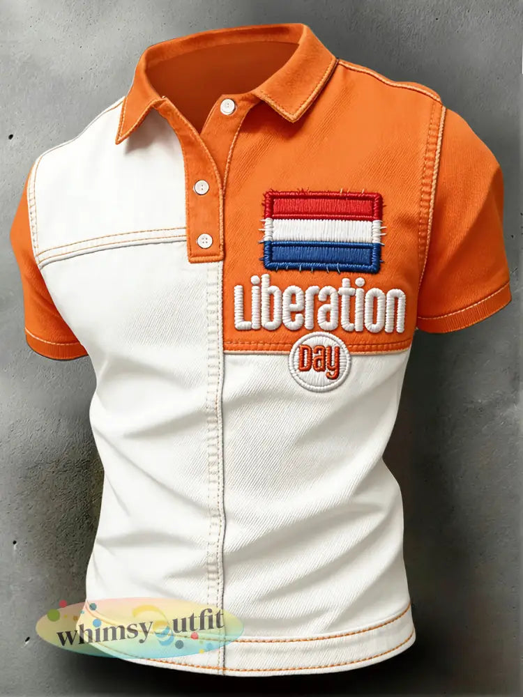 Herendag Nederlandse Bevrijding Patchwork Print Casual Poloshirt - Romig-Wit / S