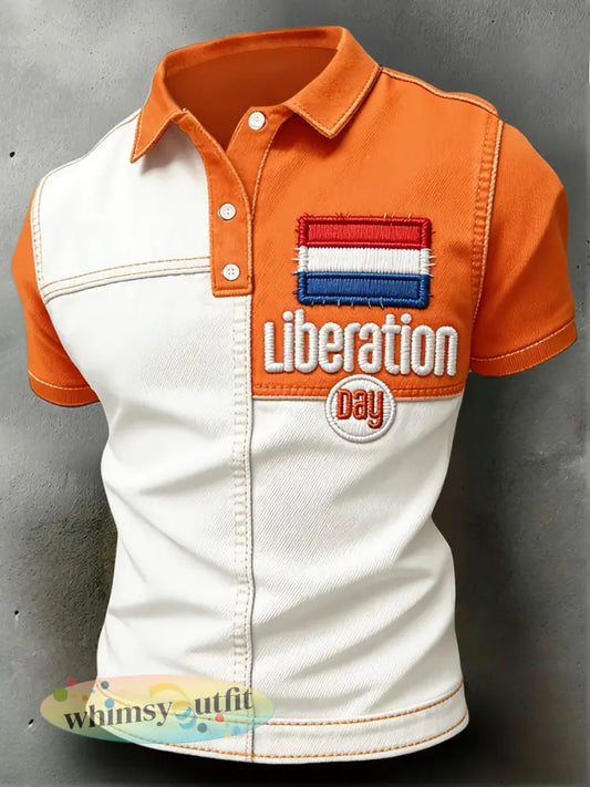 Herendag Nederlandse Bevrijding Patchwork Print Casual Poloshirt - Romig-Wit / S