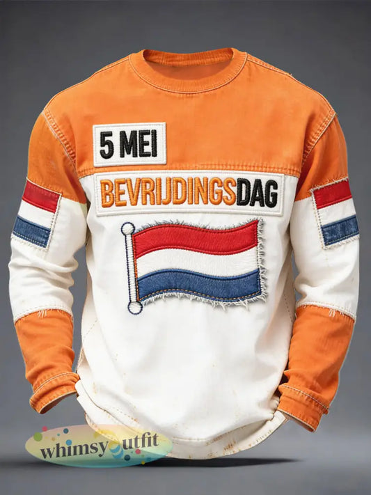 Herendag Nederlandse Bevrijding Patchwork Print Casual T-shirt met lange mouwen - Oranje wit / S