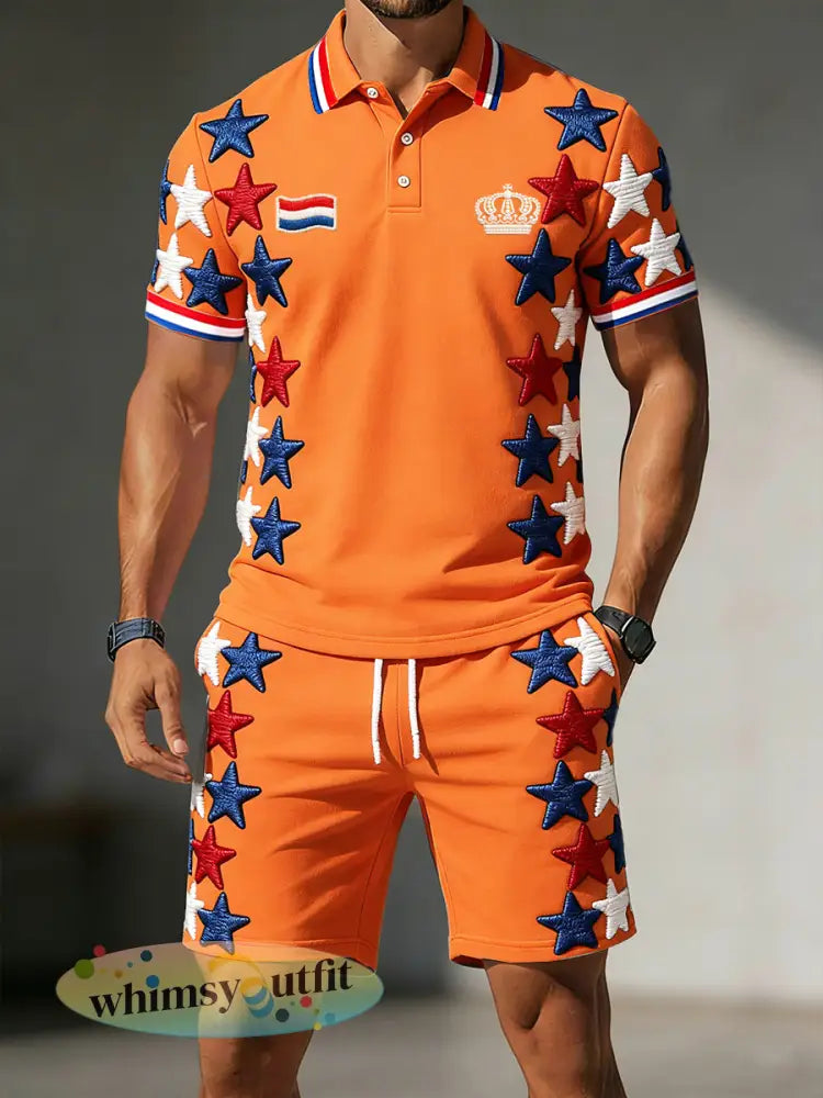 Herendag Oranje Sterrenprint Casual poloshirt en korte broek voor heren - Sinaasappel / S