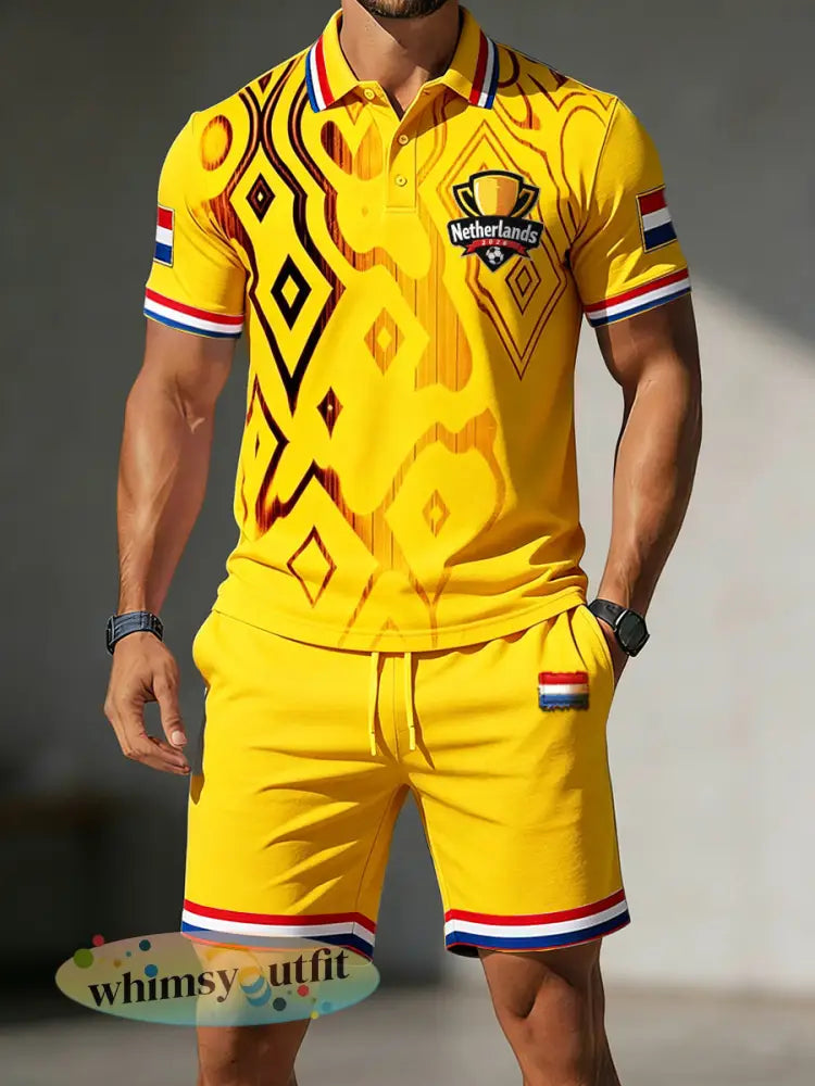 Herengeel Nederlandse voetbalkampioenen print casual poloshirt en korte broek set - Geel / S