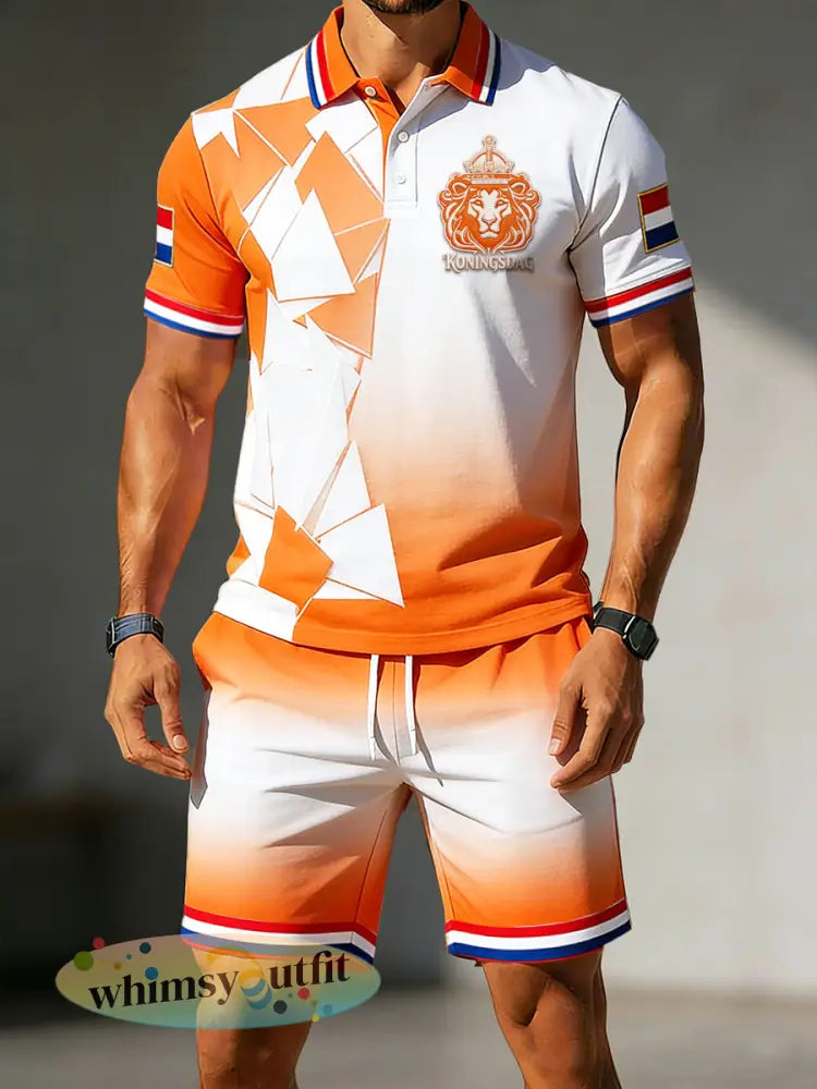 Herengradiënt Nederlandse Koningsdag Leeuwenprint Casual poloshirt en korte broek - Oranje wit / S