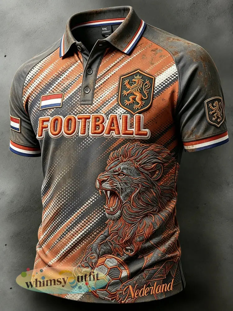 Herengrijs Nederlands Voetbal Leeuwenprint Casual Retro Mode Poloshirt - Grijs / S