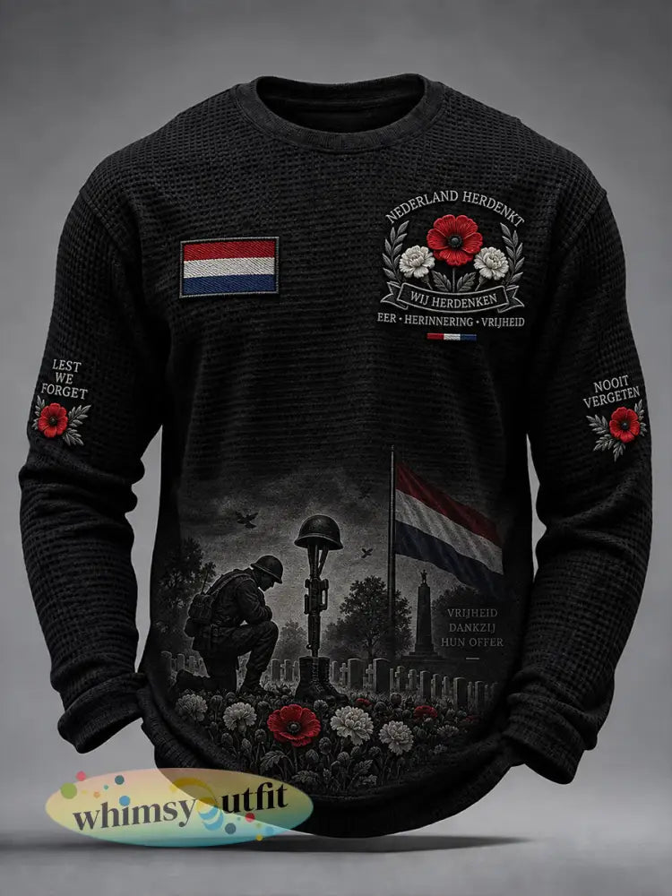 Herenherdenkingsdagprint wafelgebreide top met lange mouwen - A / S