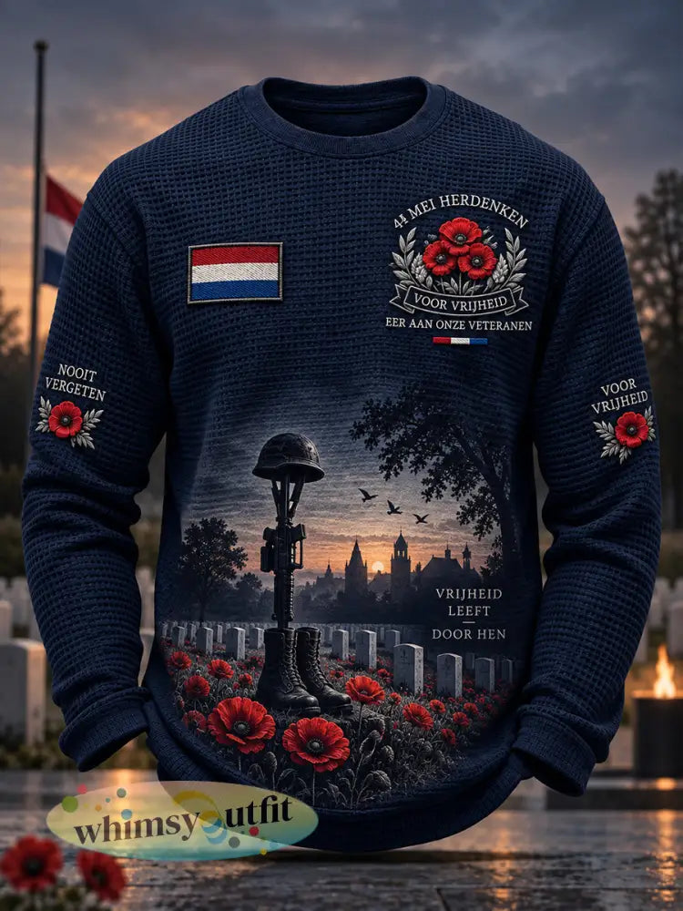 Herenherdenkingsdagprint wafelgebreide top met lange mouwen - A / S