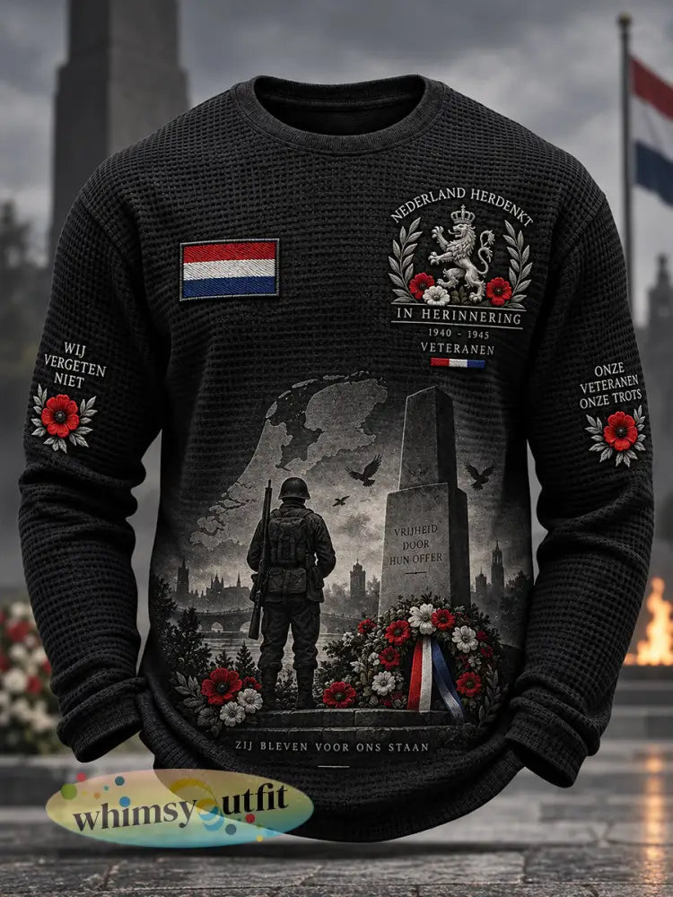 Herenherdenkingsdagprint wafelgebreide top met lange mouwen - A / S