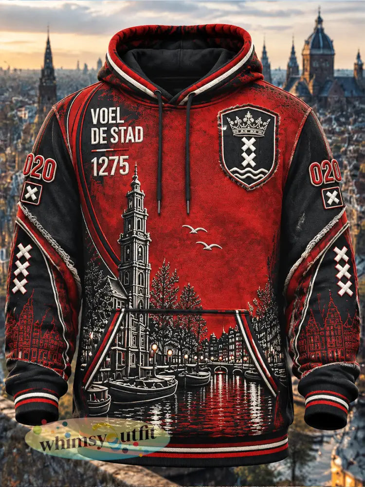Herenhoodie met Amsterdam-stadspatroon en capuchon - Rood / S