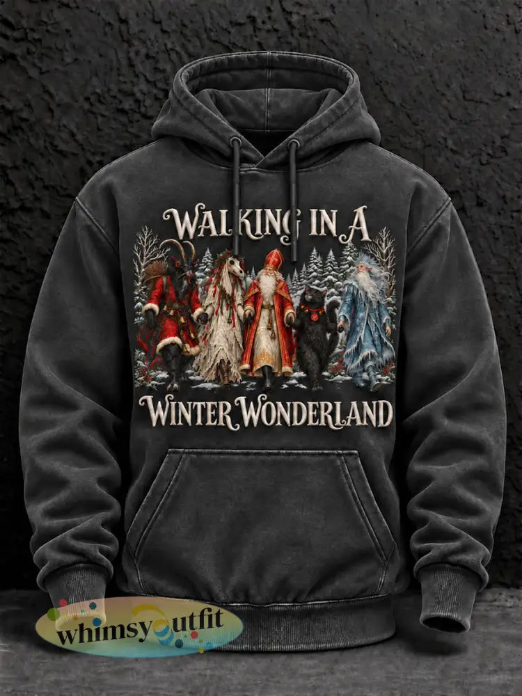 Herenhoodie met casual print ’Walking in a Winter Wonderland’ - Zwart / S