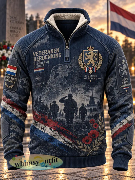 Herenhoodie met fleecevoering en hoge kraag voorzien van een print met veteraantema - A / S