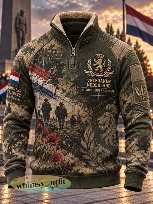 Herenhoodie met fleecevoering en hoge kraag voorzien van een print met veteraantema - A / S