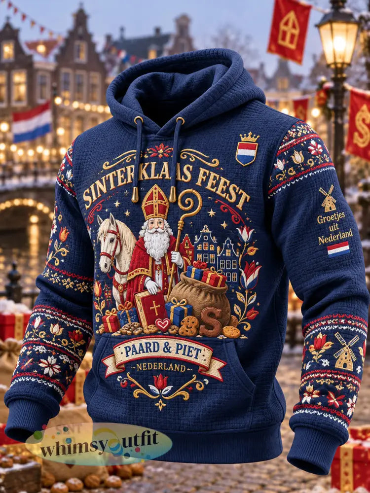 Herenhoodie met grafische print voor Sint Nicolaasdag gewafeld gebreid lange mouwen - A / S