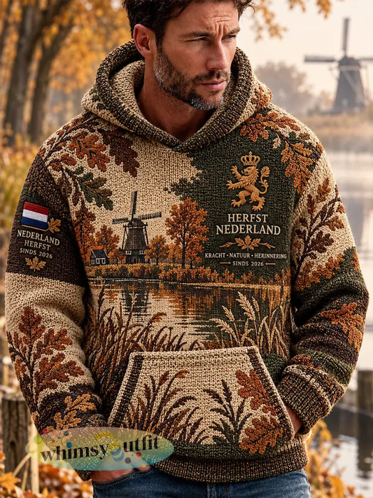Herenhoodie met hoge kraag herfstthema grafische print en herdenkingsmotief - A / S