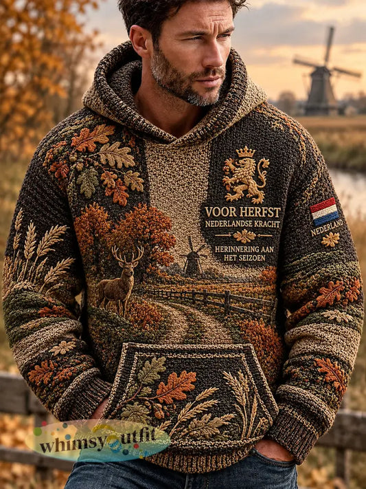 Herenhoodie met hoge kraag herfstthema grafische print en herdenkingsmotief - A / S