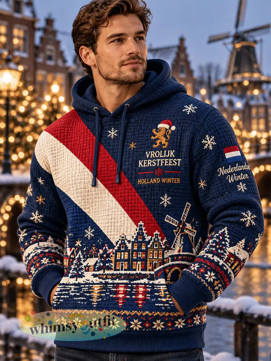 Herenhoodie met kerstprint gewafeld gebreid - A / S