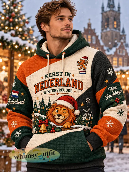 Herenhoodie met kerstprint gewafeld gebreid - A / S