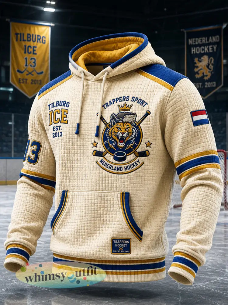 Herenhoodie van wafelbreiwerk met lange mouwen en een print met ijshockeythema - A / S
