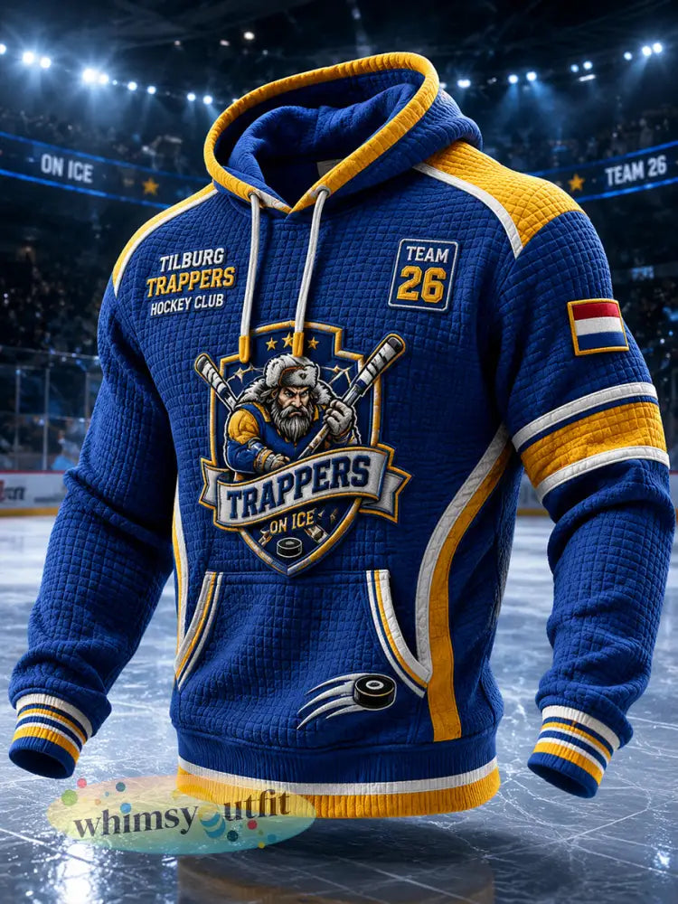 Herenhoodie van wafelbreiwerk met lange mouwen en een print met ijshockeythema - A / S